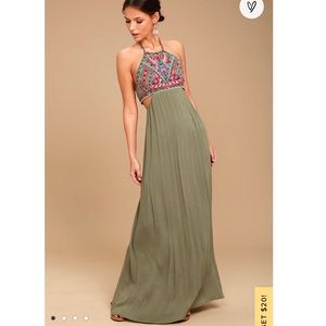 Lulus Little Beach Olive Green Embroidered Maxi, Dress Size Small, NWT